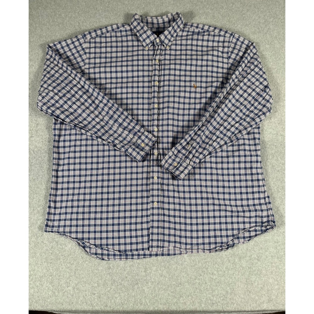 Ralph Lauren Mens 3XLT Plaid Button Down Shirt Navy‎ Blue White Red Long Sleeve